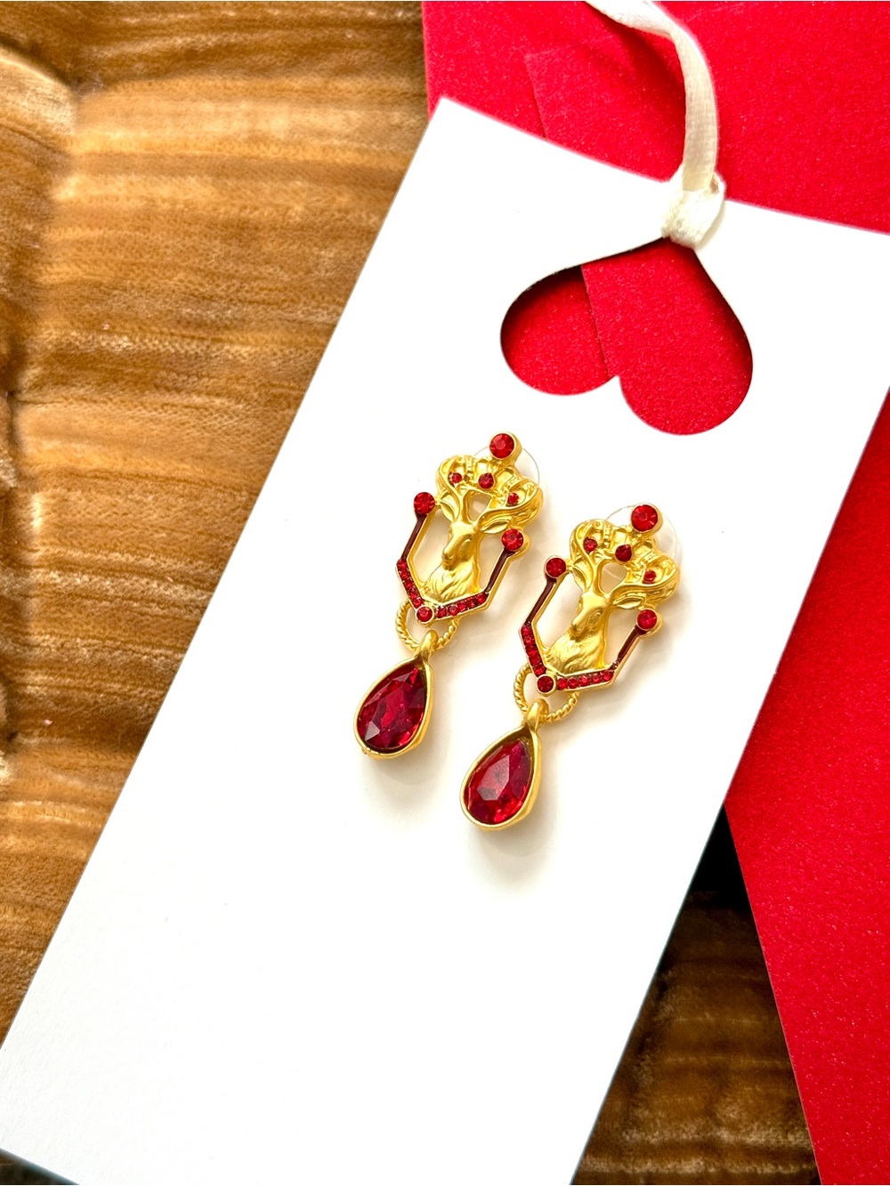 Vintage-Inspired Regency Gold Tone Deer & Ruby Red Crystal Drop Earrings | NWT